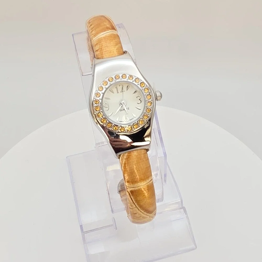 New! AVON Women's Cuff Watch Amber Orange Gemmed Silver Tone New‎ Battery